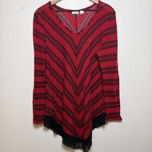 Cato Whimsigoth Sheer Tunic Top XL Red‎ Knit Chevron Mixed Media Chiffon Fairy